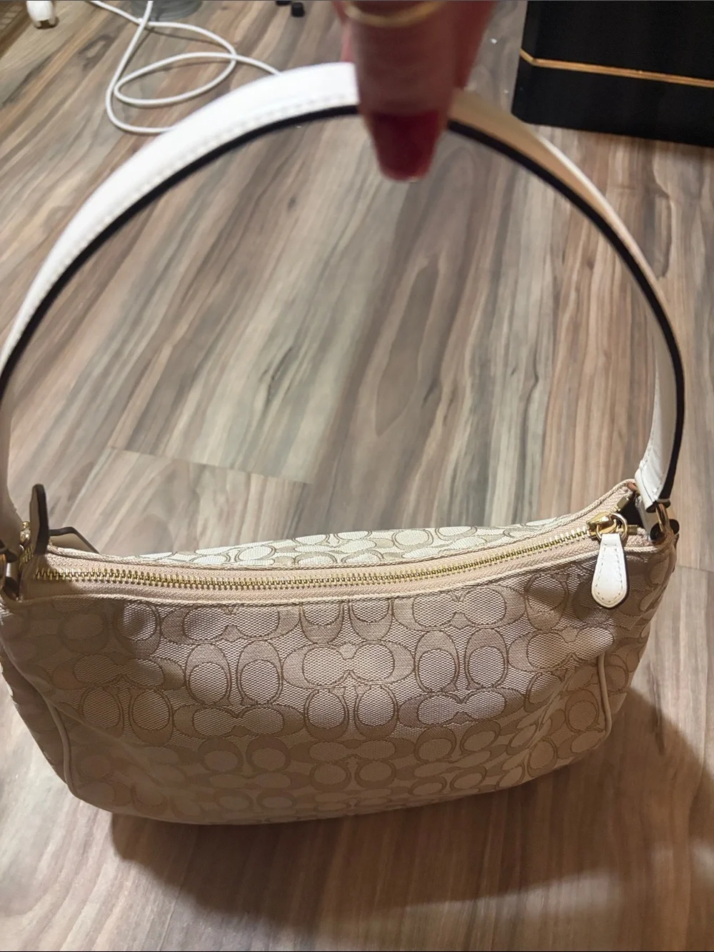 Coach Signature Pebbled Hobo Bag in Beige and White